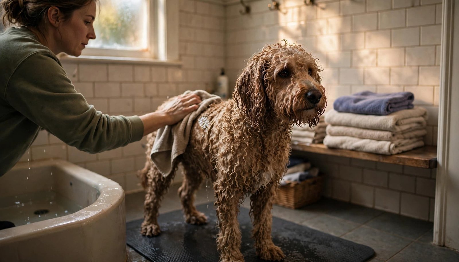 A caregiver dries a damp curly-coated dog with a blue towel.
