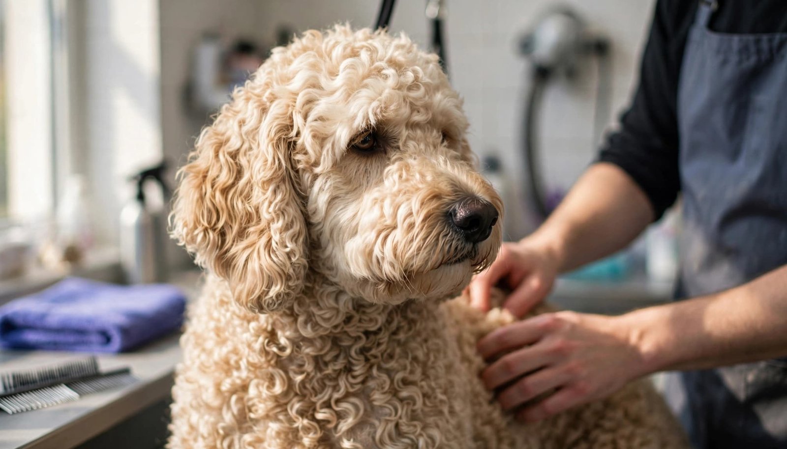 A groomer gently checks a calm Double Doodle's wavy coat beside a counter with a comb and towel.