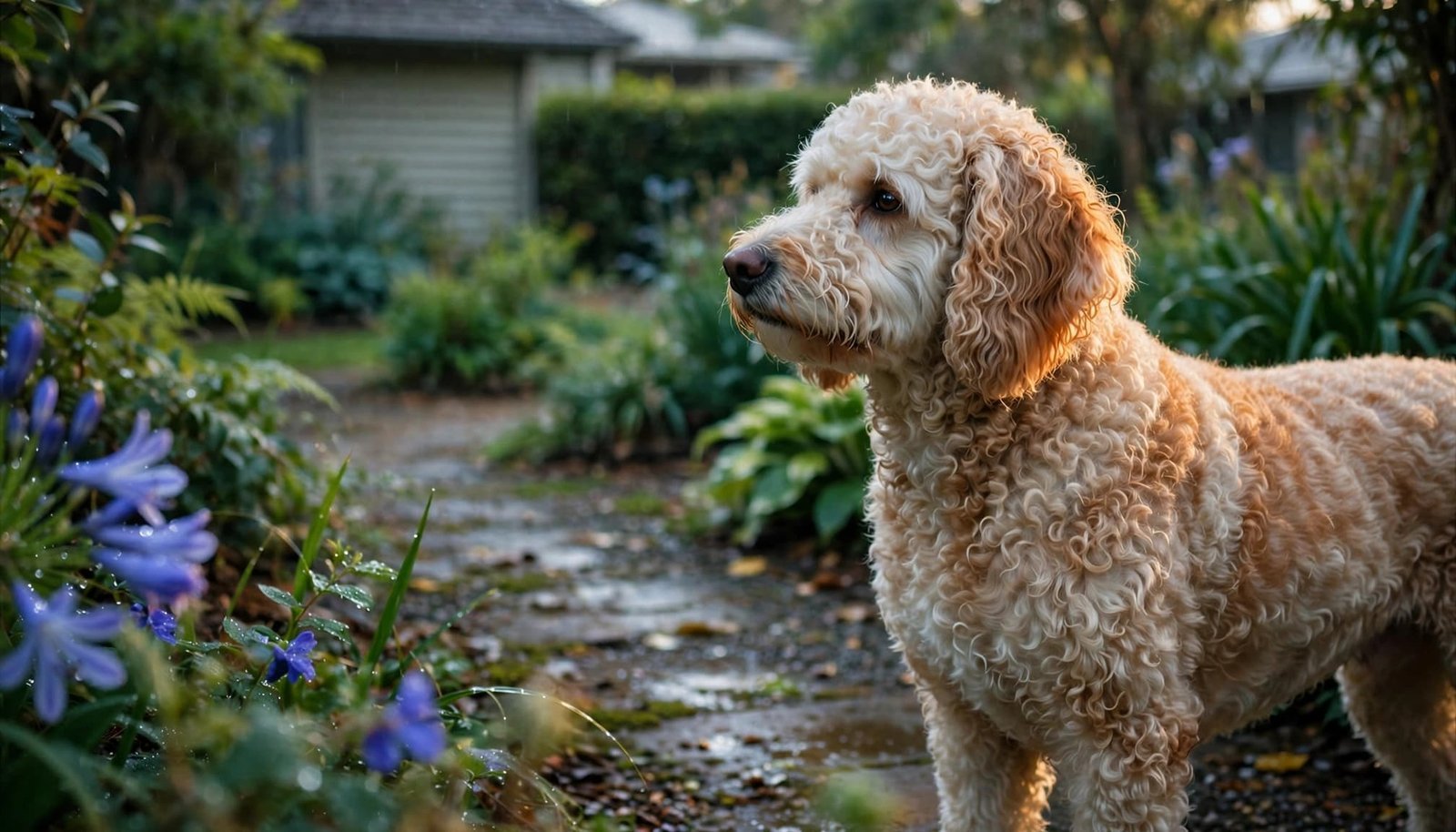 A cream-and-apricot curly dog stands on a garden path after rain.