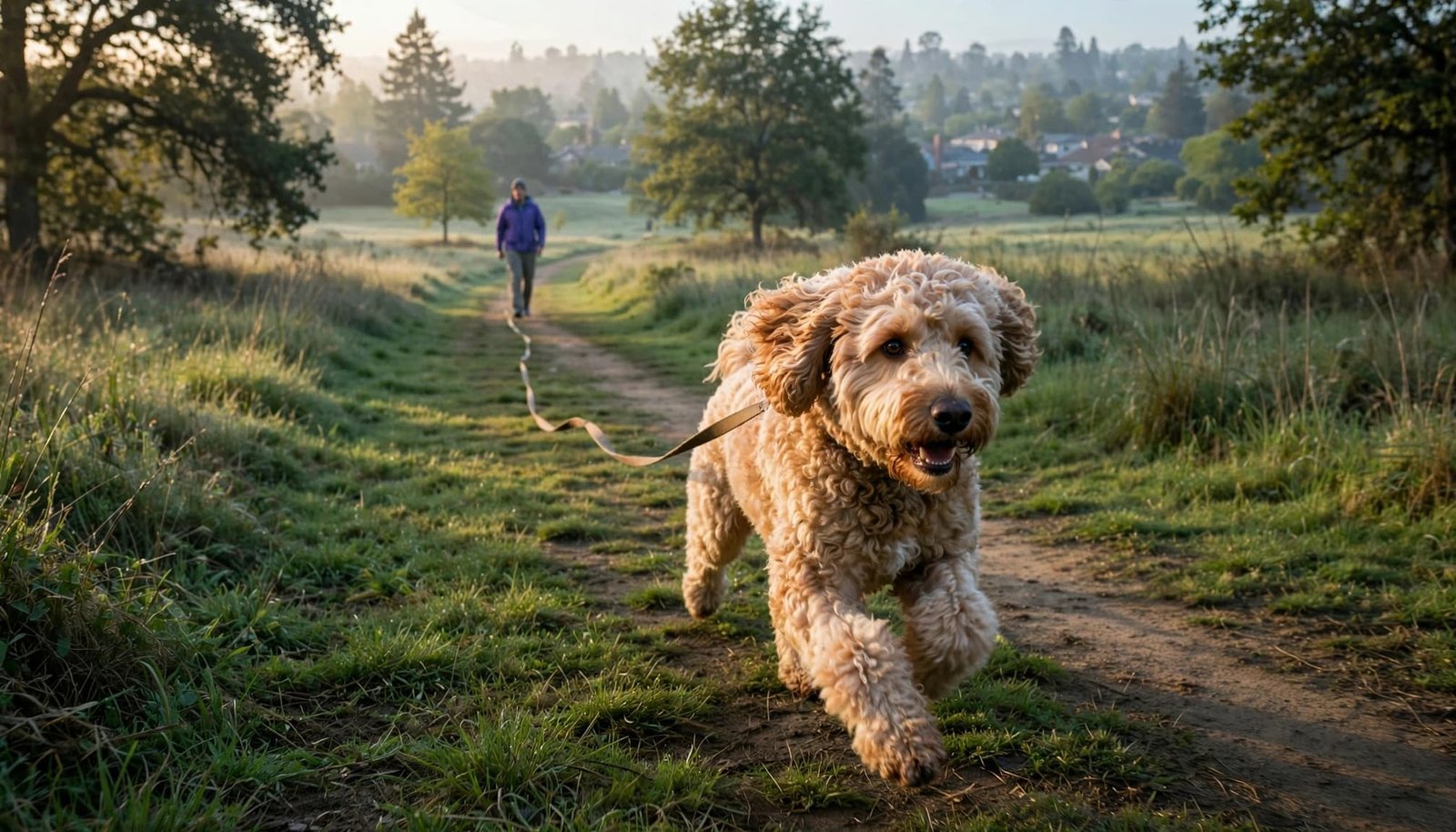 A Double Doodle runs toward its owner along a sunny park trail.