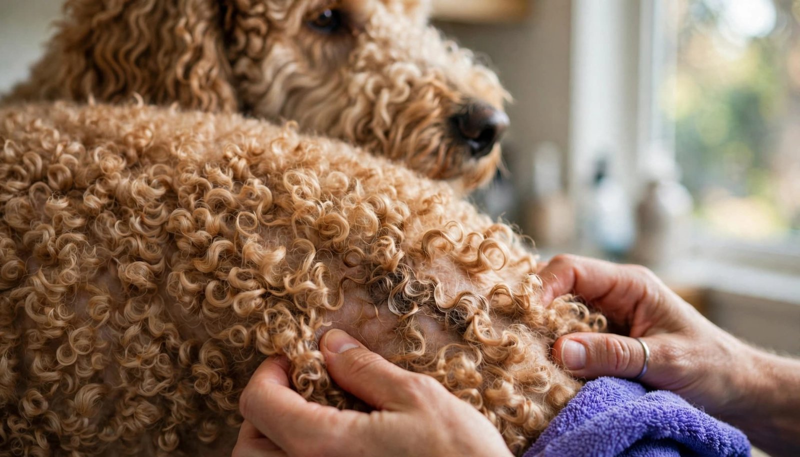 An owner parts a Goldendoodle's curls beside a violet-blue towel.