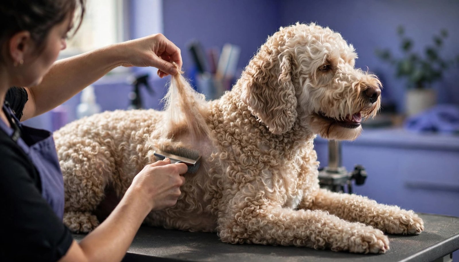 A groomer brushes a lifted section of a relaxed Labradoodle's coat.